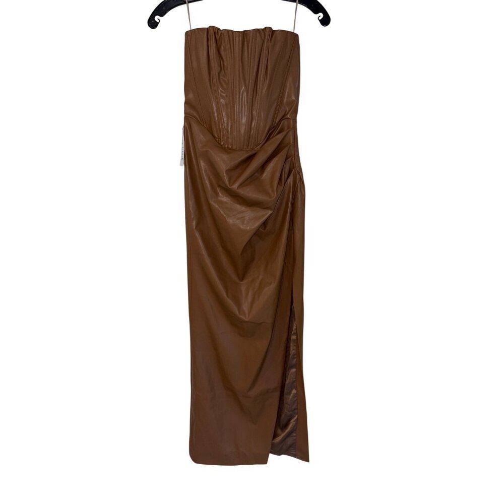 Bardot Everlasting Faux Leather Dress in Camel 2 New Womens Vegan Strapless Midi - Picture 4 of 16